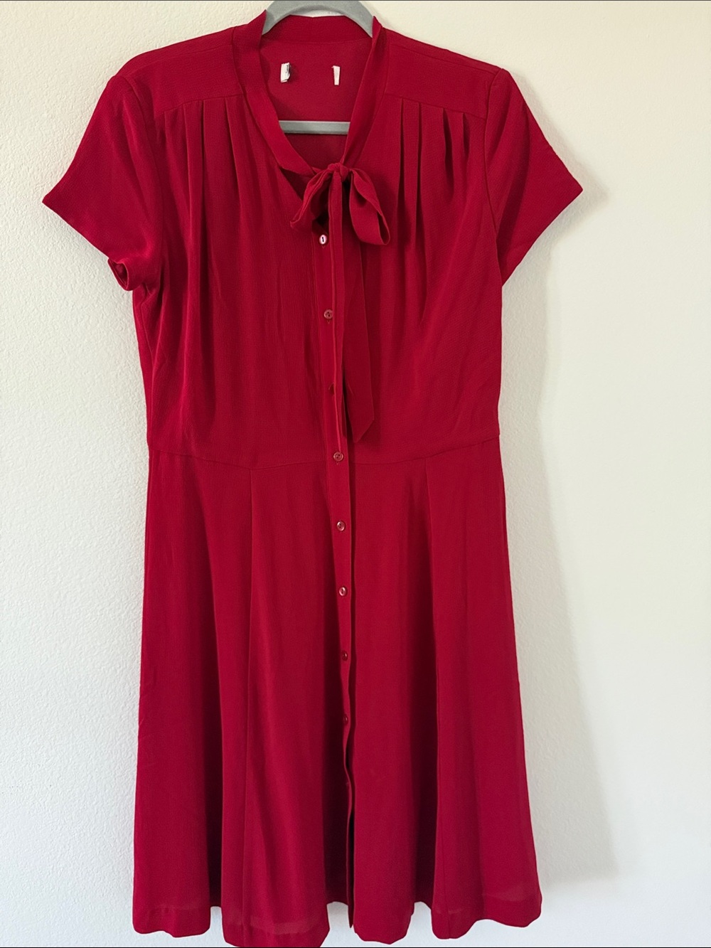 Red Tie-Neck Button-Front Midi Dress